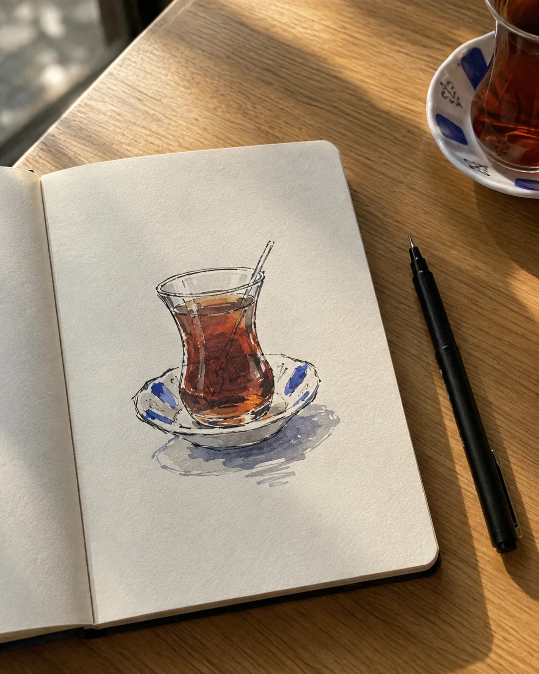 Kafe masasında açık bir çizim defteri; sayfada mürekkeple çizilmiş bir çay bardağı.
